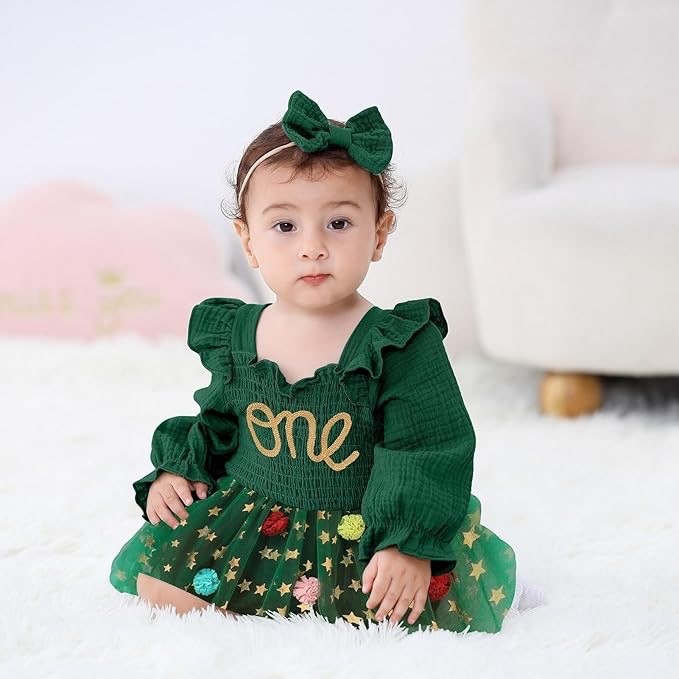 Baby Girl 1st Birthday ONE Tulle Romper Dress Green Gold Stars 3-6M
