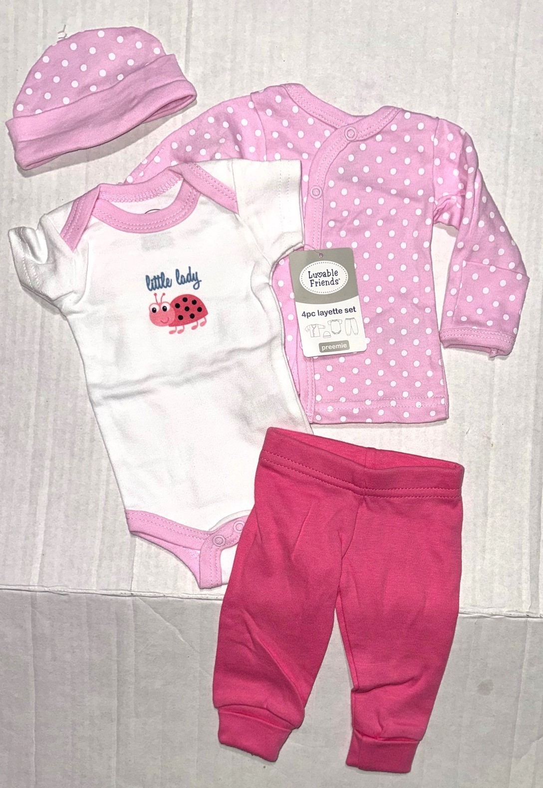 LUVABLE FRIENDS 4 piece set white/pink/polka dots LITTLE LADY motif size PREEMIE