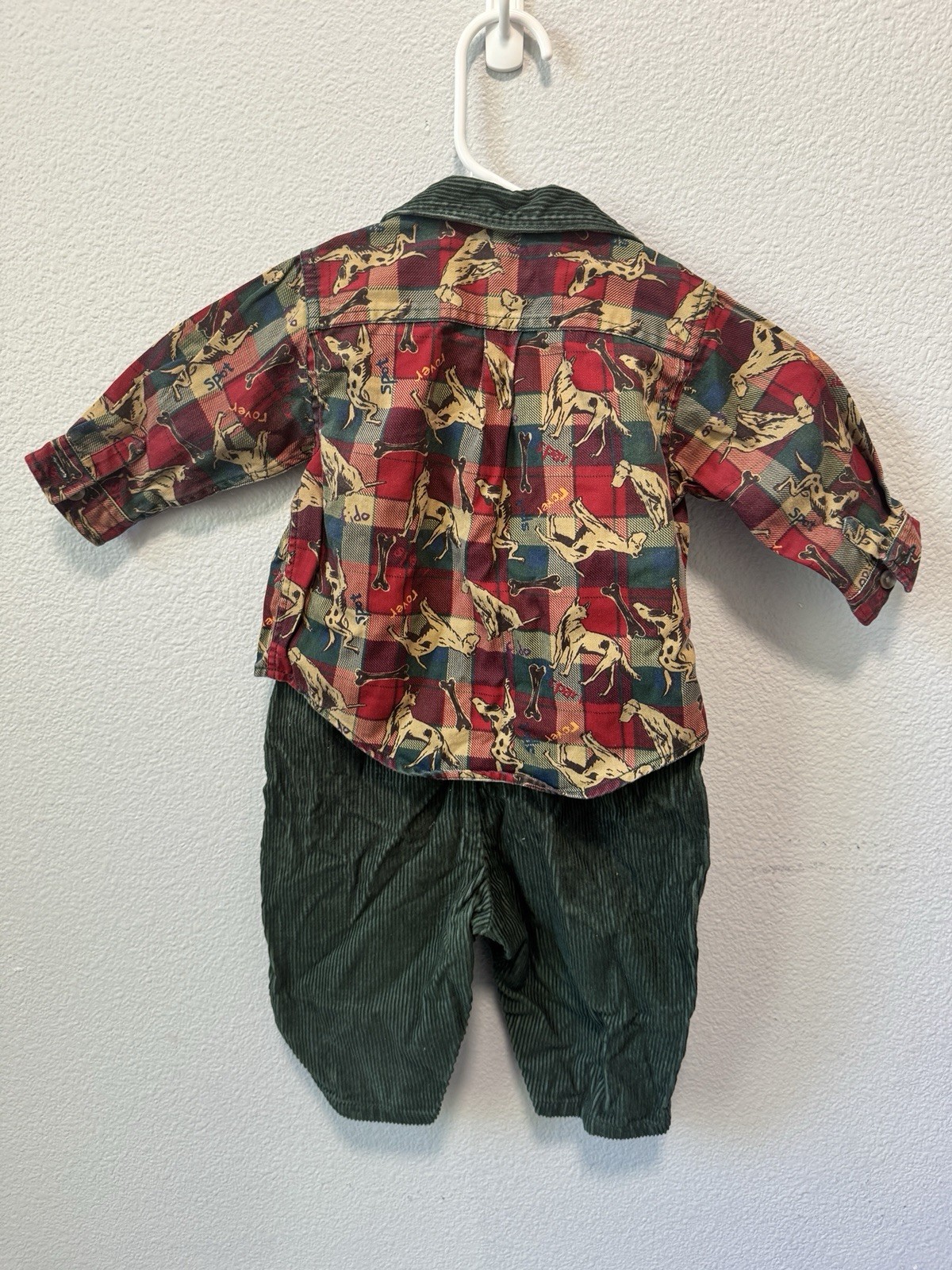 VTG 90s Baby Gap Exploration Corduroy Overalls Flannel Shirt Set Dog Theme 6-12