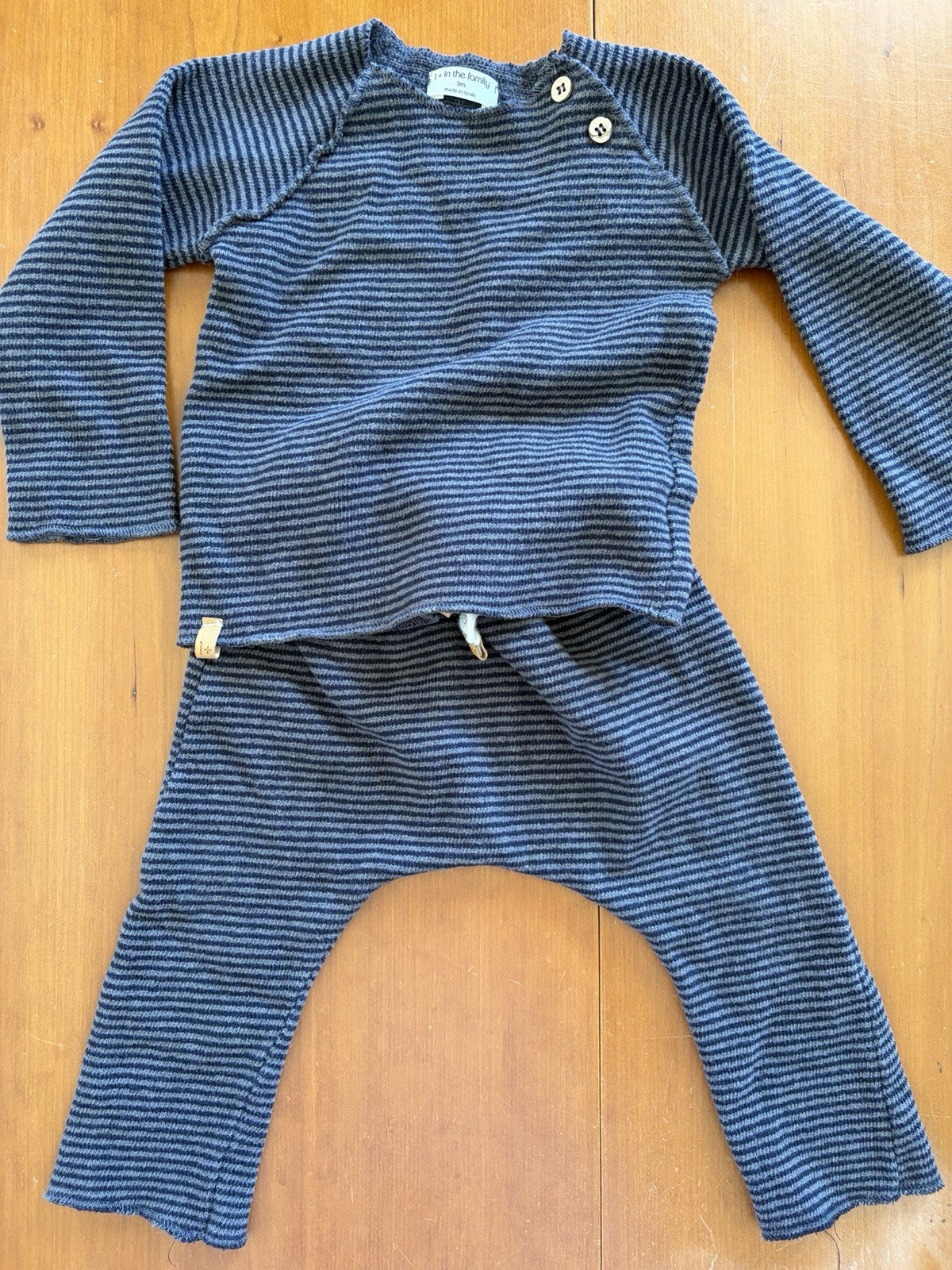 1+ In The Family (Spain) Black/Grey Stripe Brushed Cotton Blend Pants Set-9Mos