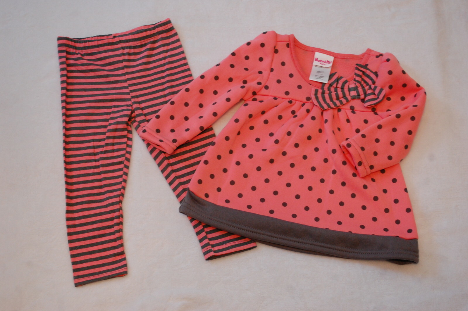 Baby Girls CORAL ORANGE GRAY POLKA DOT TUNIC SWEATSHIRT Striped Leggings 18 MO
