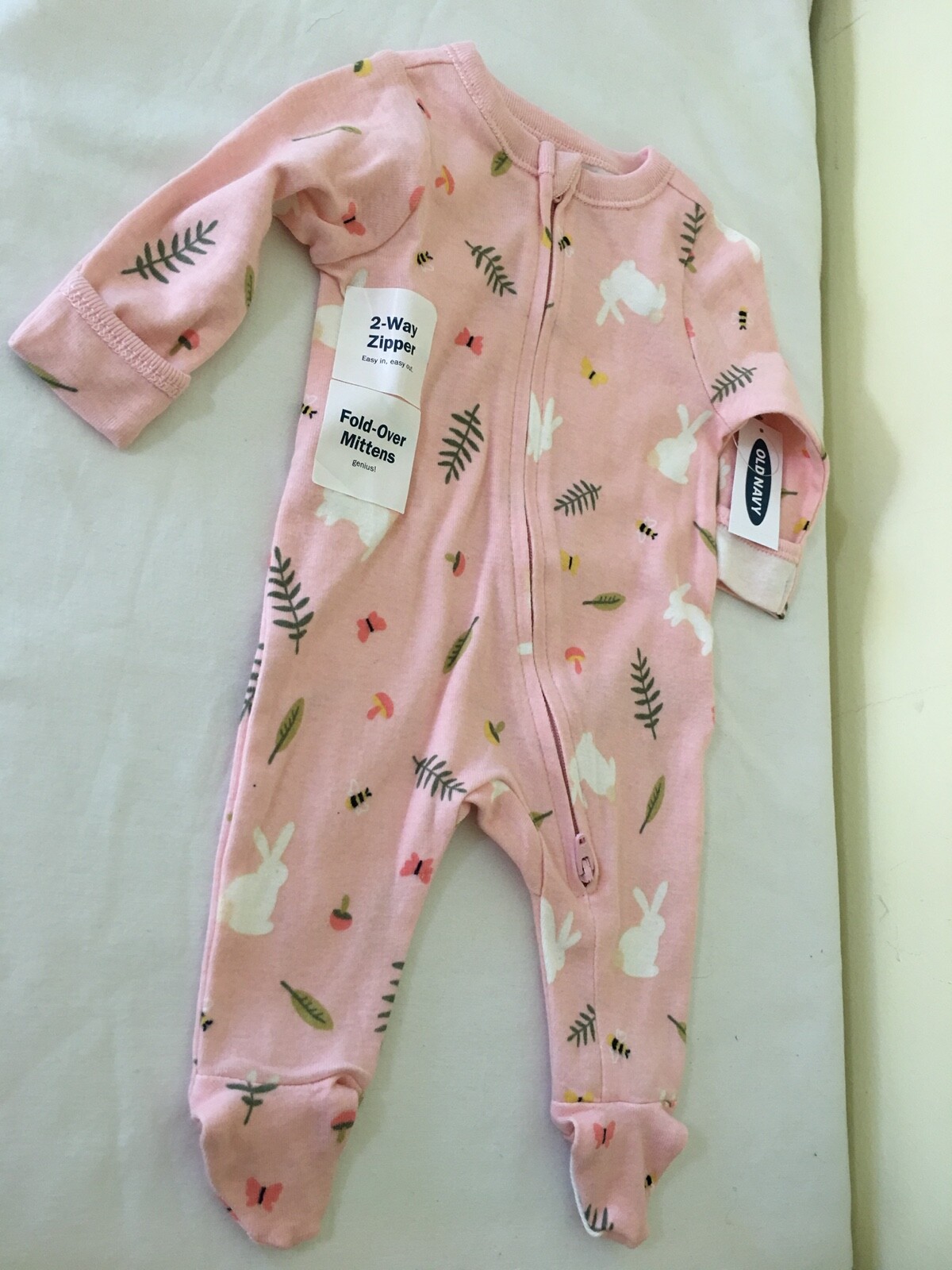 NWT Old Navy Sleeper Baby Girl Bunny Butterfly Two ways zip Fold over Mitten