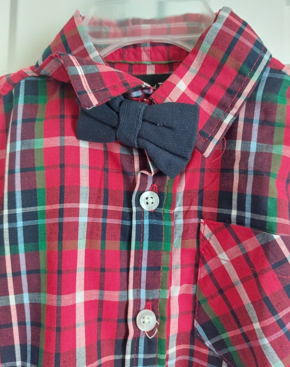 BOYS BUTTONS AND THREAD CHRISTMAS/HOLIDAY PLAID SHIRT & NAVY PANTS W/ BOWTIE NWT