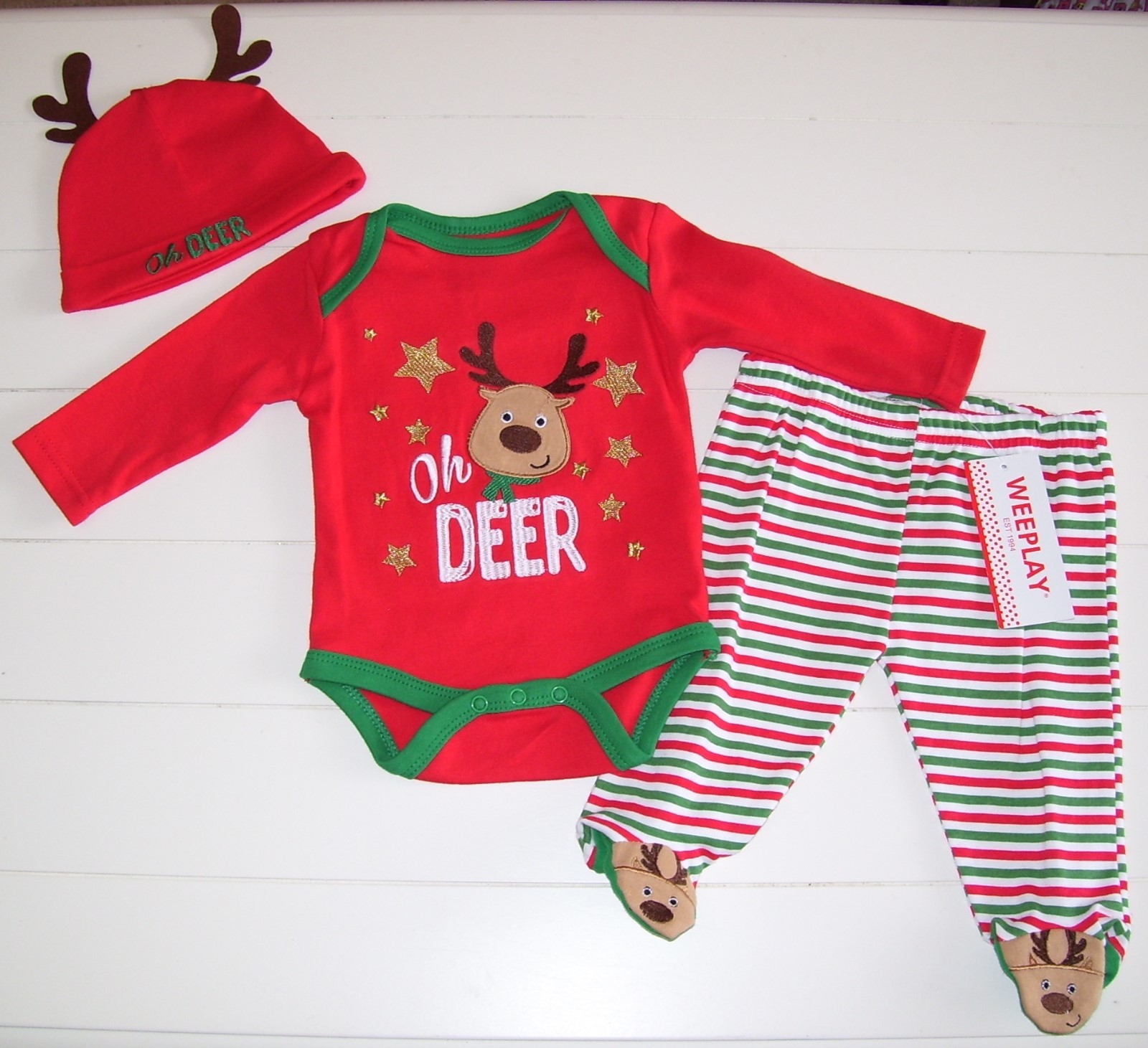 Weeplay 3 Pc Oh Deer Reindeer Christmas Bodysuit Pants Hat Outfit Sz 0-3M