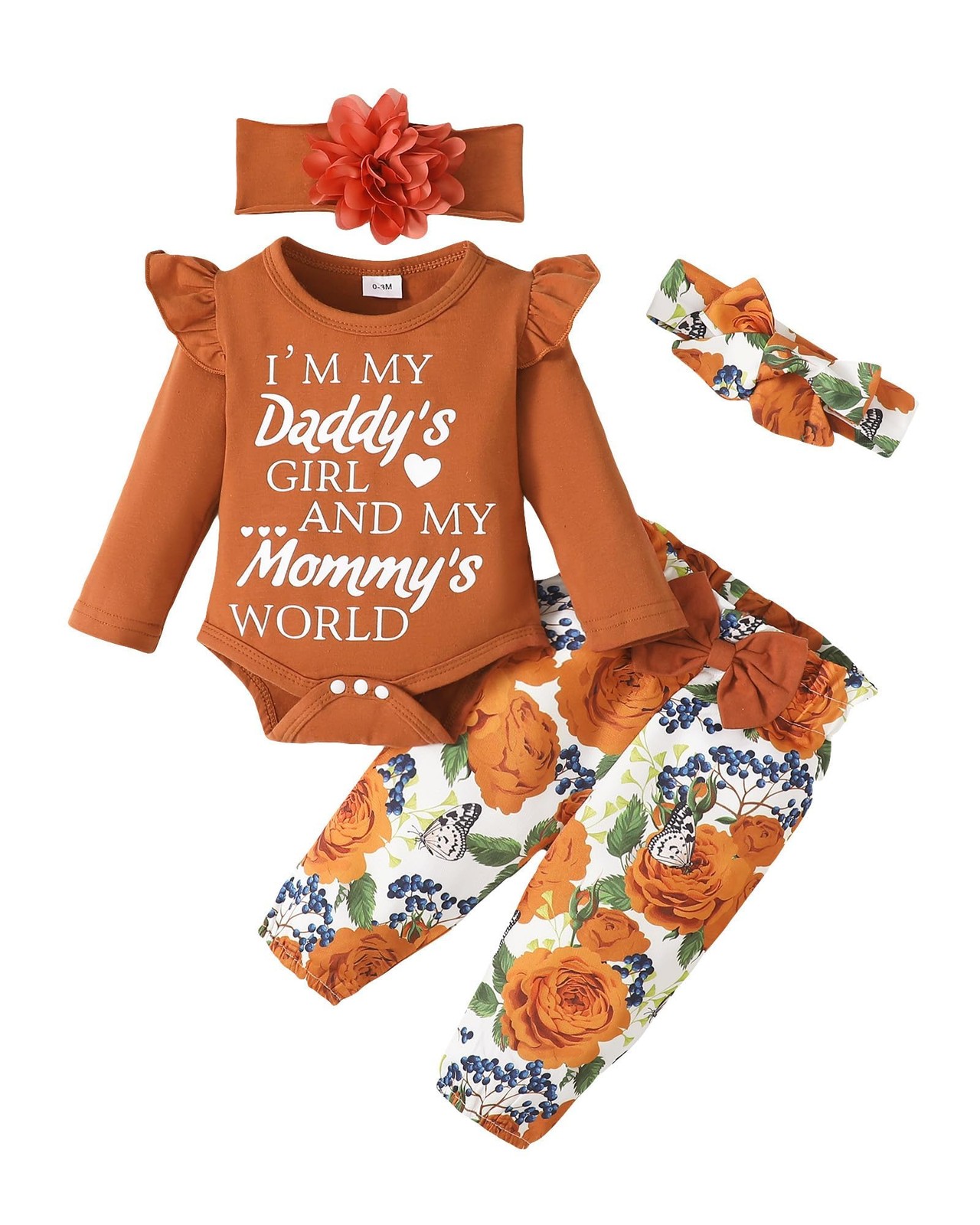 Brown Baby Girl Romper & Pant Set 12-18M – Ruffle Floral Cotton Outfit