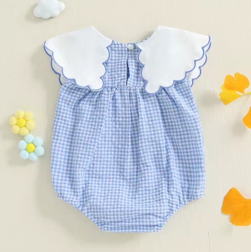 NEW Baby Girls Embroidered Duck Blue Gingham Romper Jumpsuit Easter