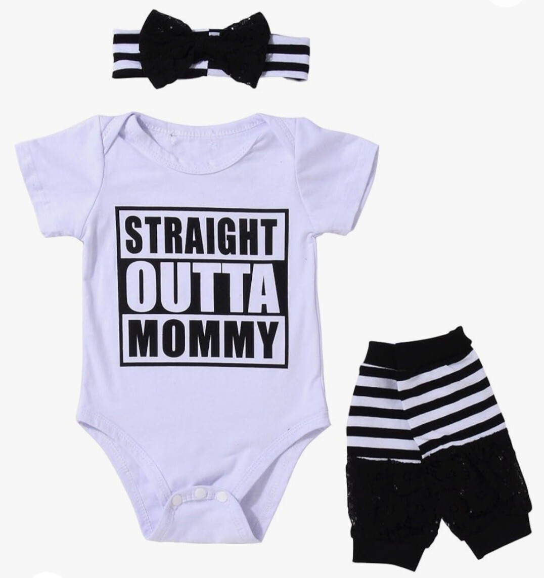 Straight Outta Mommy Baby Girl 3Pcs Outfit Lace Striped Set Size 0-3 Months