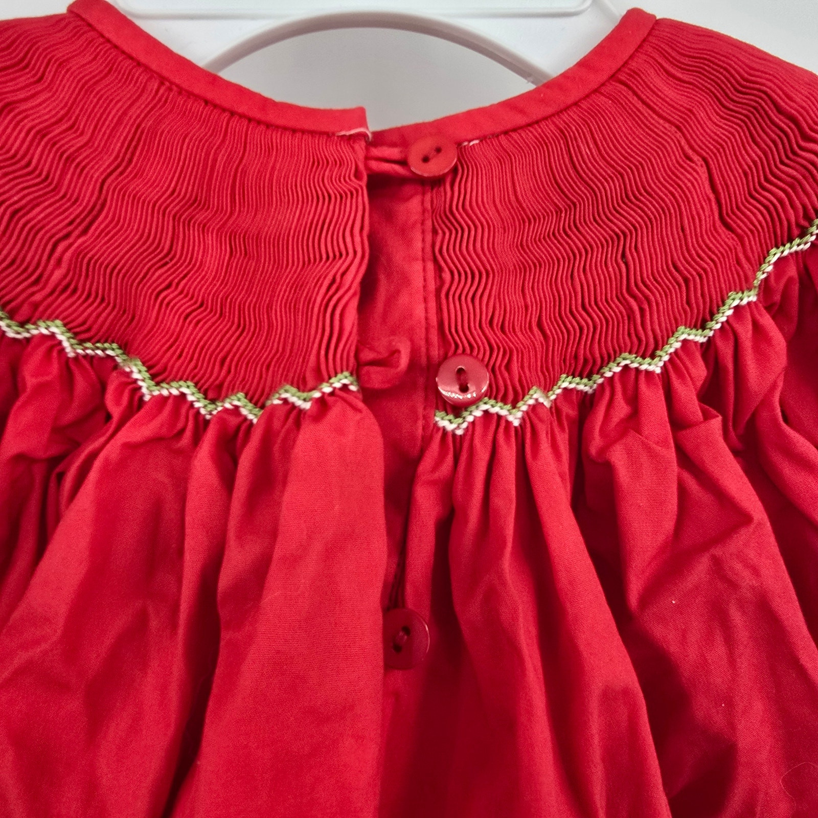 Smocked A Lot Vintage Baby Girl Santa Smocked Neck Ruffle Chevron Outfit 18M