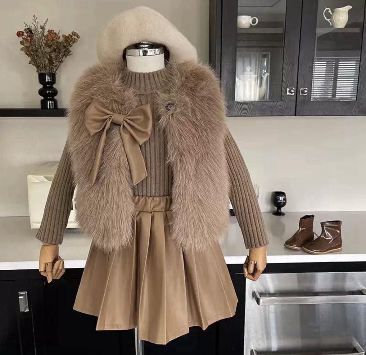 Girls Brown Beige Faux Fur Vest, Ribbed Sweater with Bow, Pleated Skirt Set