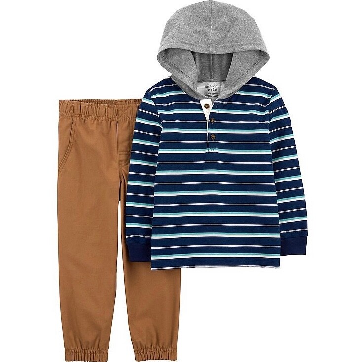 NWT 12 Month Carter’s Baby Boys 2-Piece Striped Hooded Tee & Canvas Pant Set