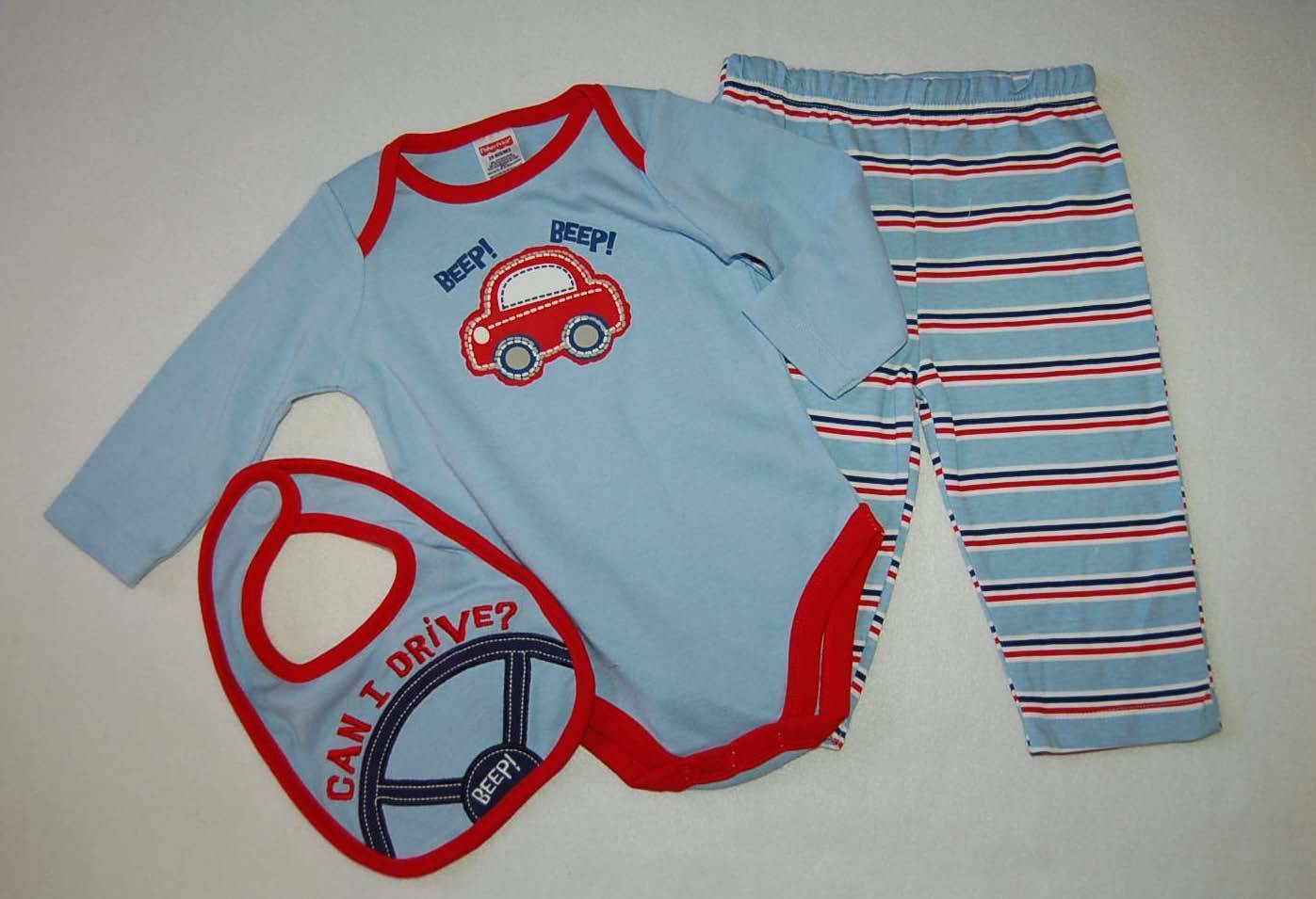 Baby Boys 3 PC OUTFIT Blue Red CAN I DRIVE? CAR Bib, L/S Shirt, Pants 3-6 MO