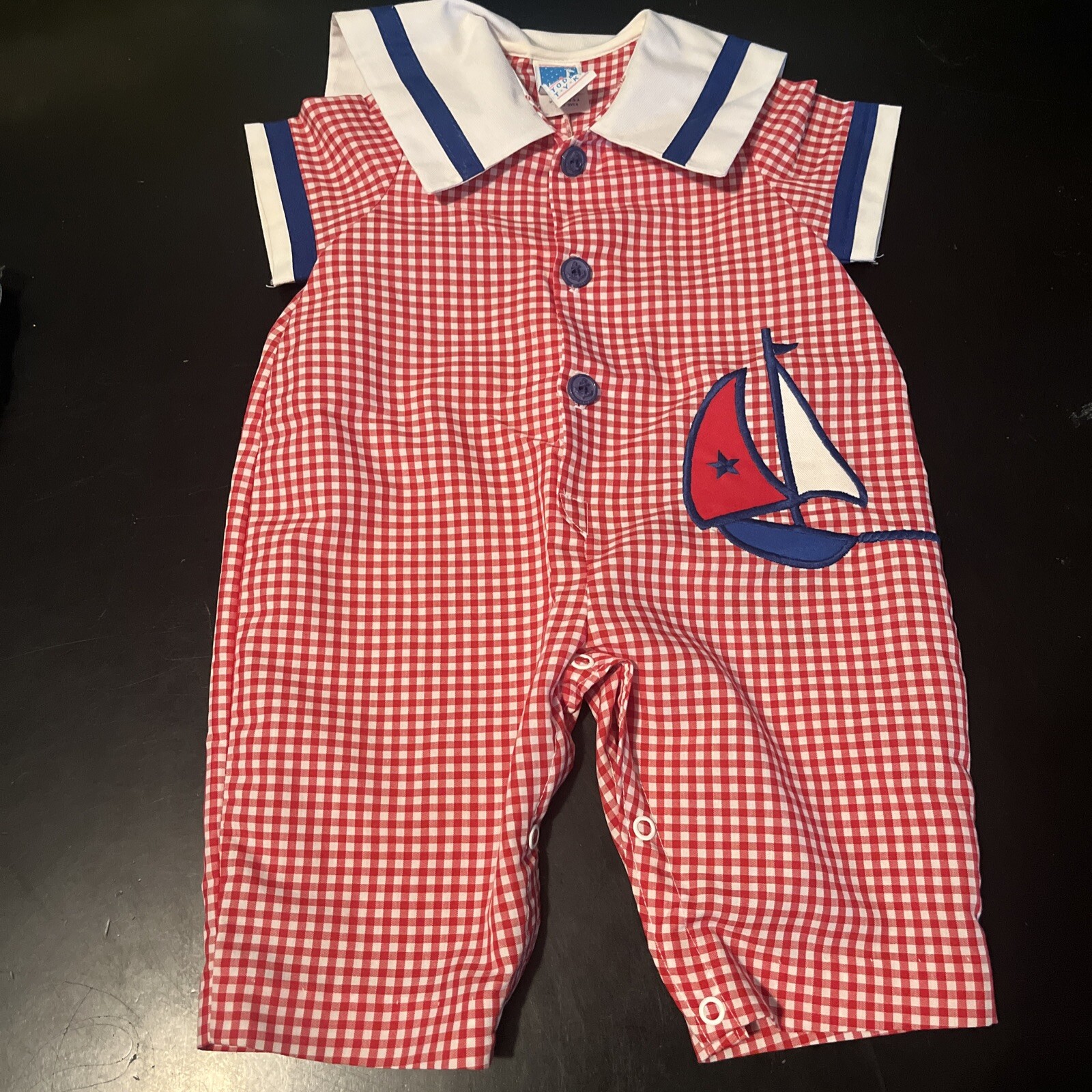 Vintage Toddle T.Y.K.E Baby Outfit Romper Nautical USA 3 Months Sailor Red Check