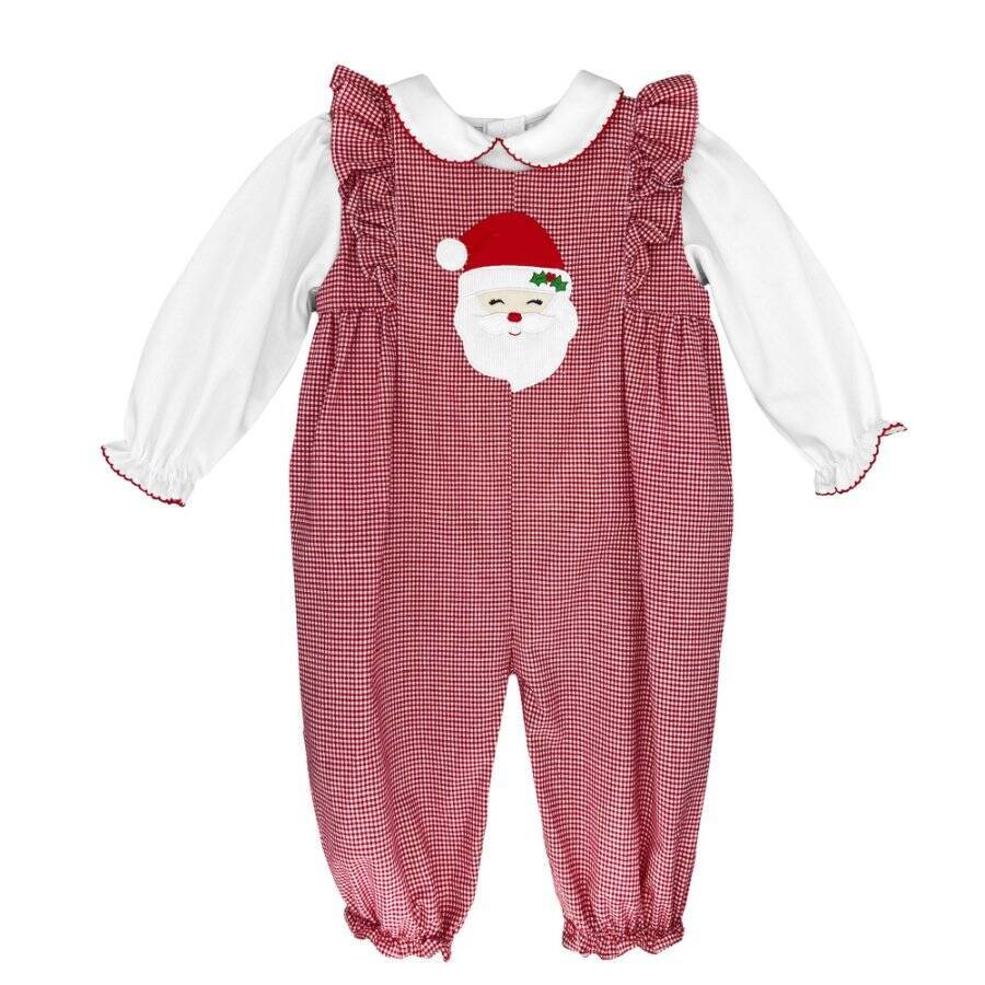Petit Ami Christmas Holiday Red Check Girls Santa Longall Set 3 6 9 Months