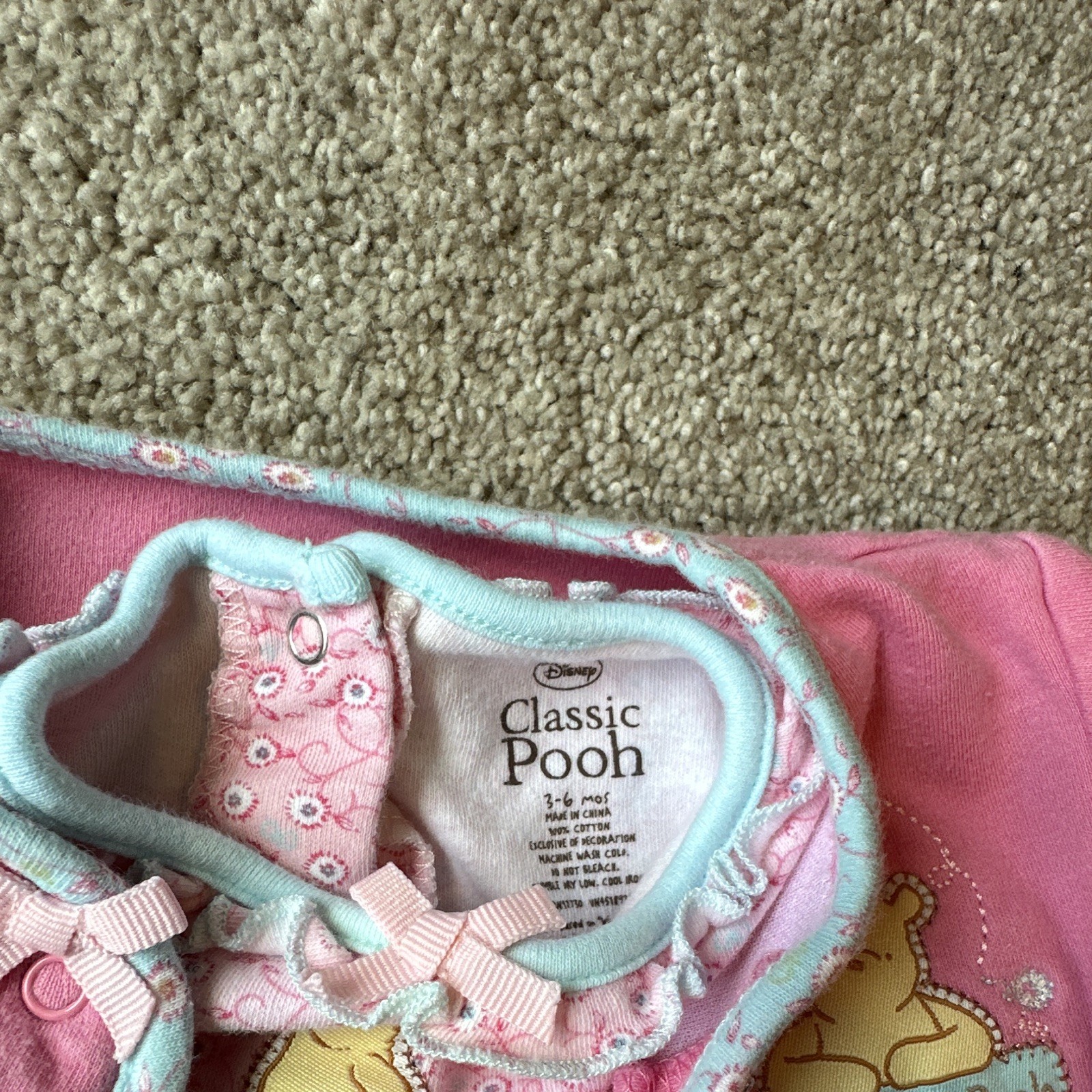 Vintage Disney Classic Pooh Girls 3-6M/9M 3pc Knit Cotton Bodysuit/Cardigan Set