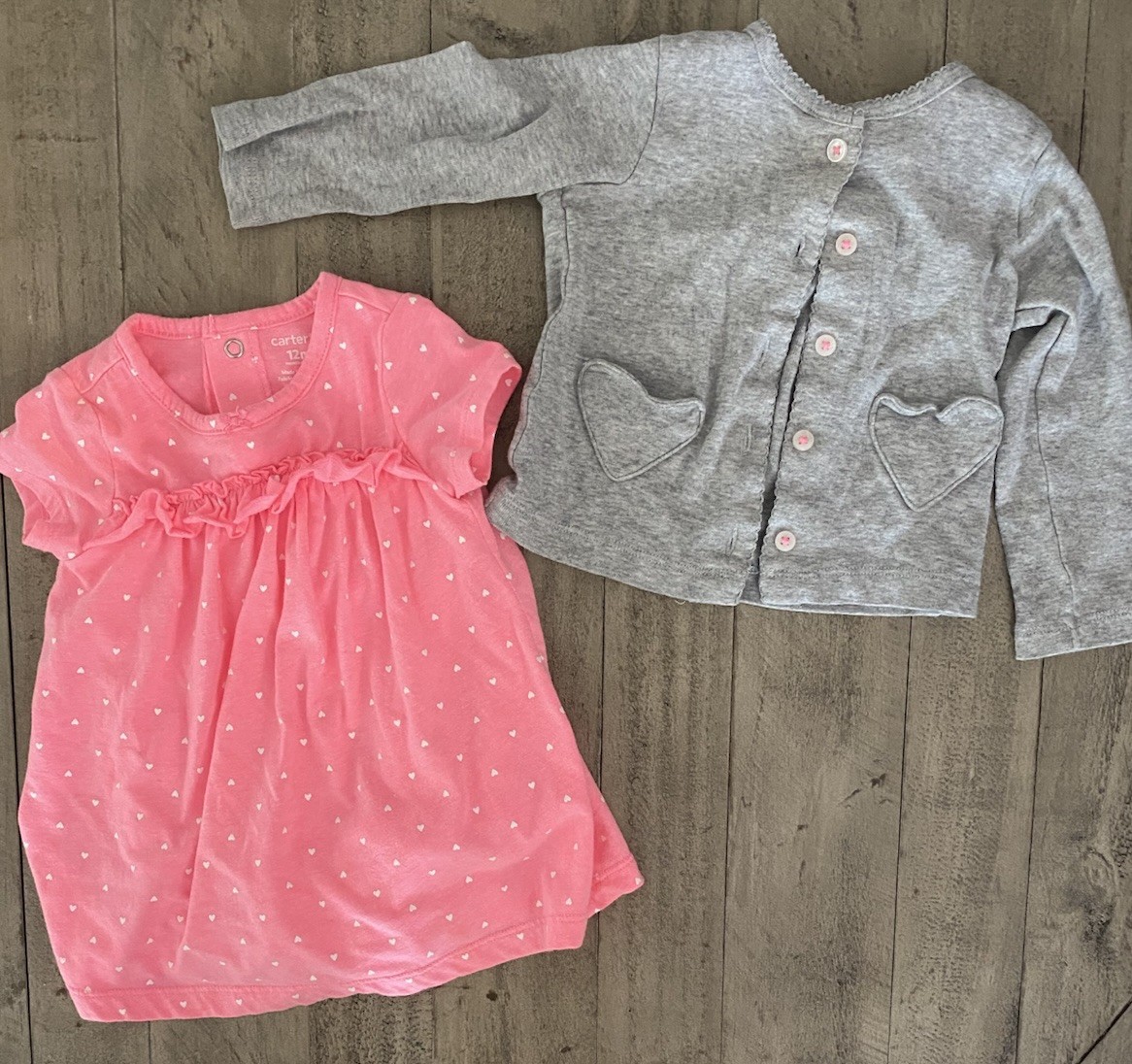 Carter’s 2-Piece Girls Outfit Set Pink Heart Dress & Gray Button Cardigan 12M