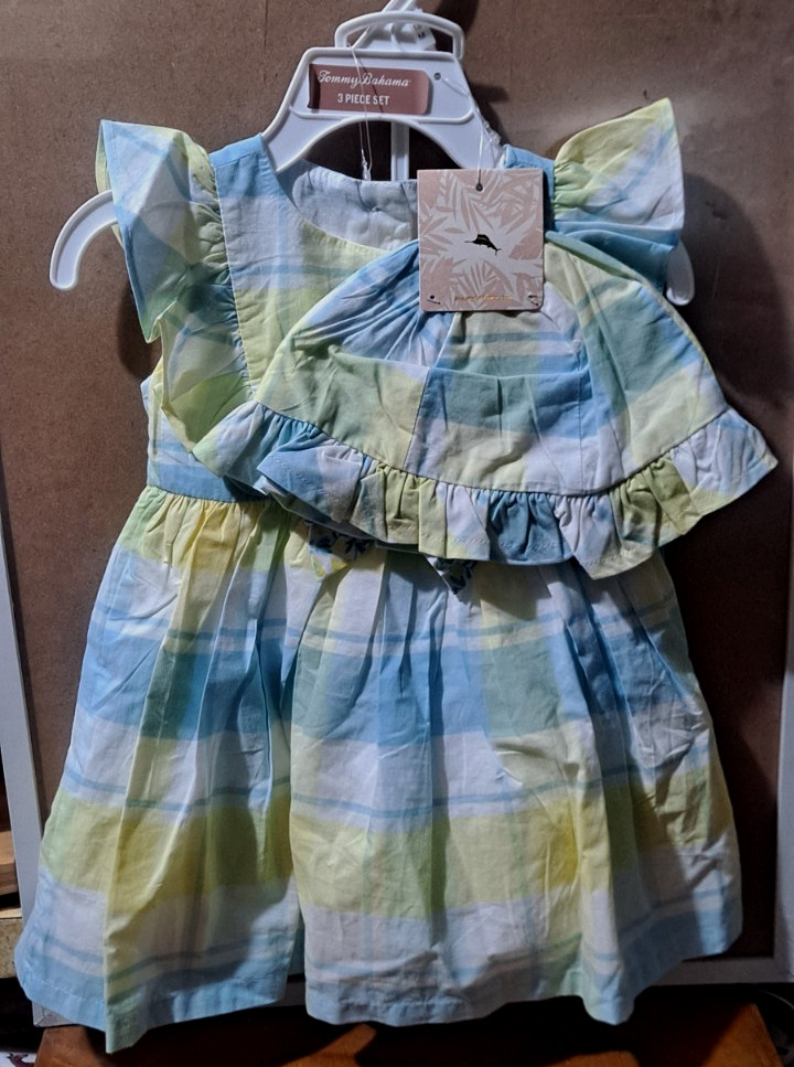Tommy Bahama Summer 3-Piece Dress Outfit Set Yellow Blue Hat Baby Girl 18M
