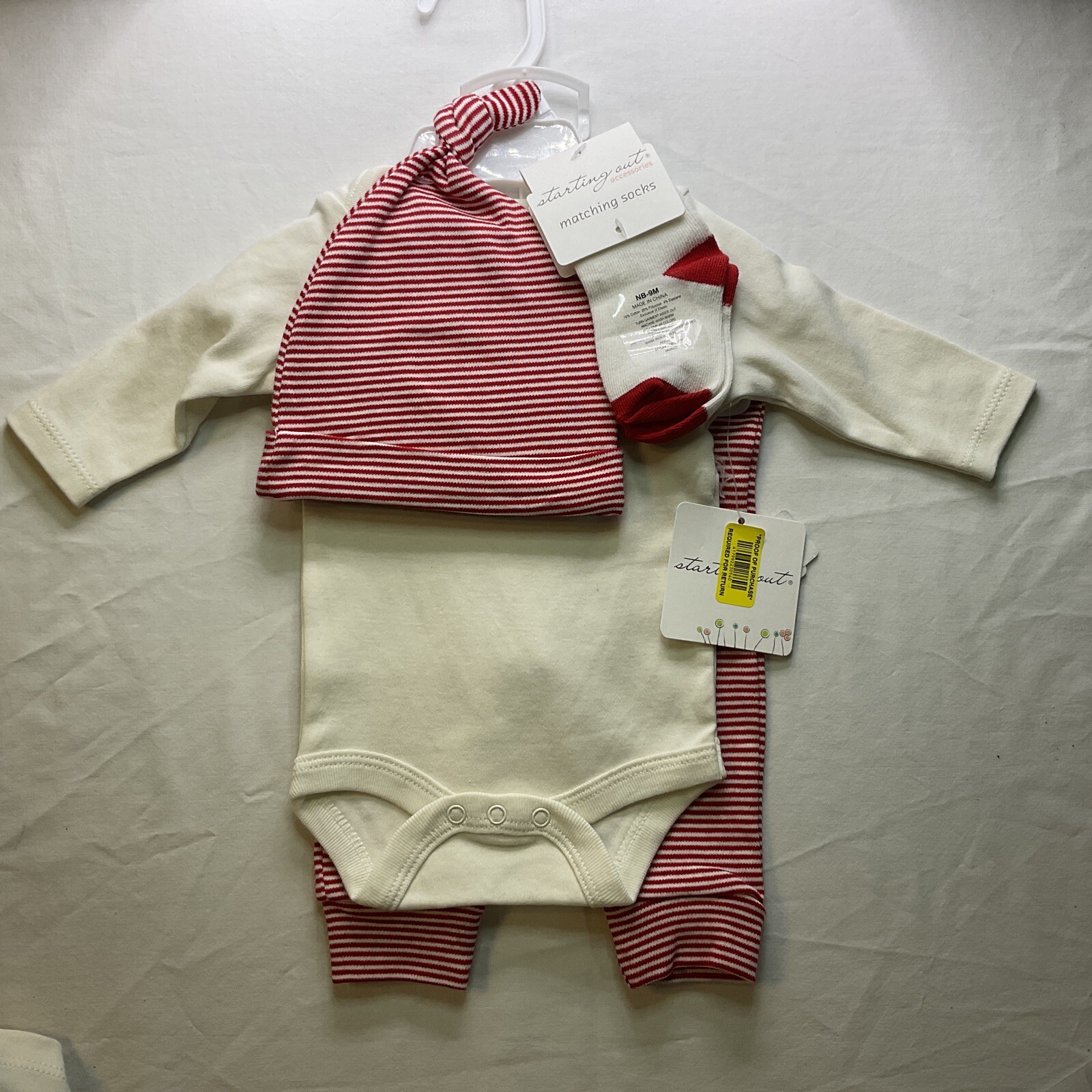STARTING OUT Infant Girls 4pc Bodysuit, Pants, Bib, Socks, Hat – Red, Size:NB
