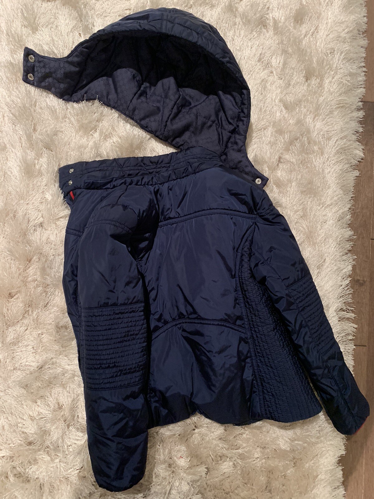 GUCCI Girl Navy Blue QUILTED Web Lined JACKET Removable Hood SZ 6 YR PRE-OWNED!
