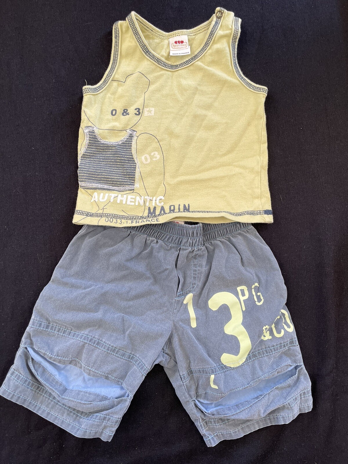 3 Pommes (France) Green/Grey Graphic Print Tank T-Shirt & Shorts-12Mos