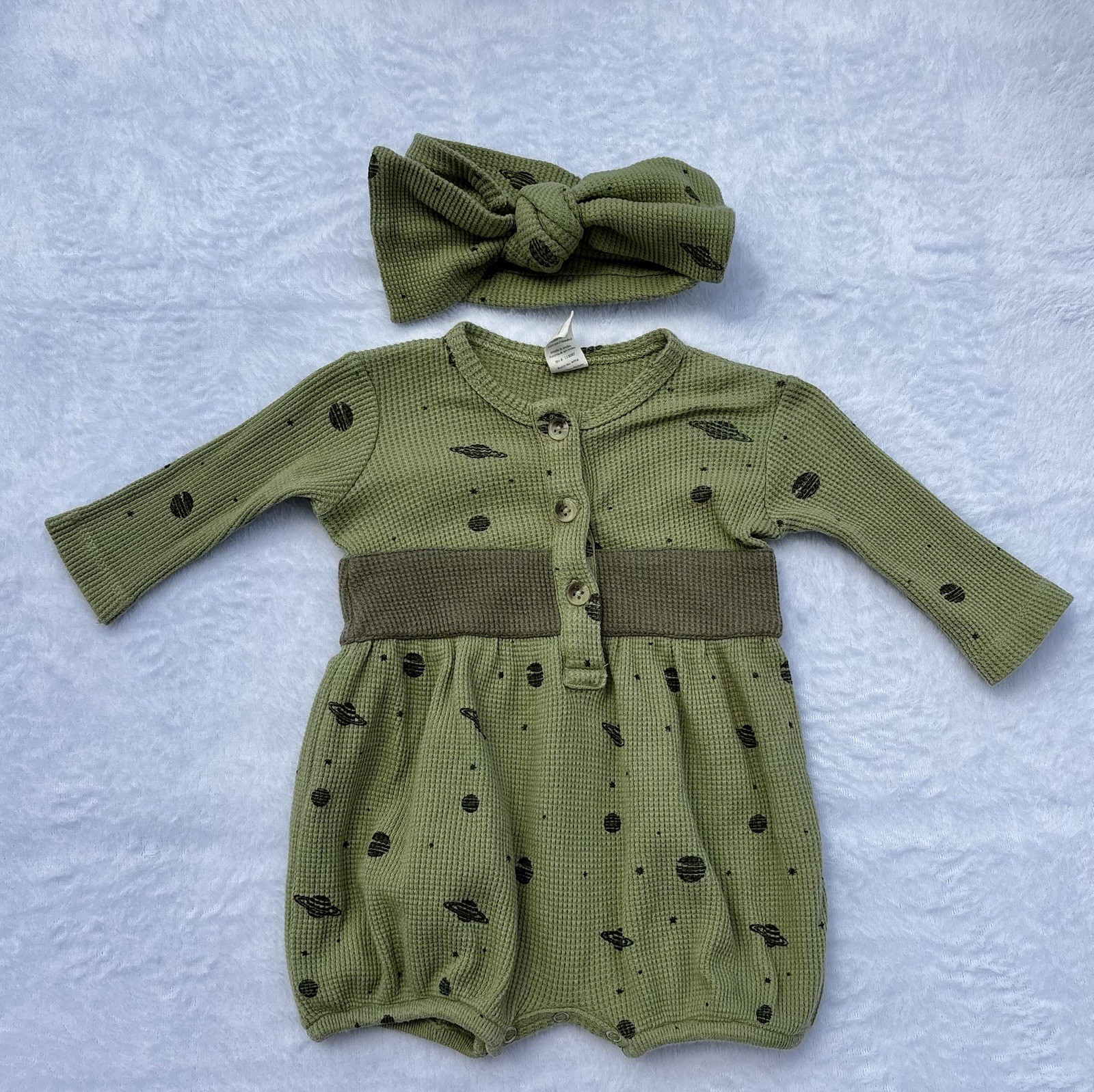 Kate Quinn Baby Girl 3-6 Month Romper And Headband Set Green Space