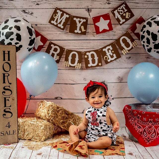 Cowgirl 1ST Birthday Romper – Cow Print & RED Bandana – Personalized ROMPER