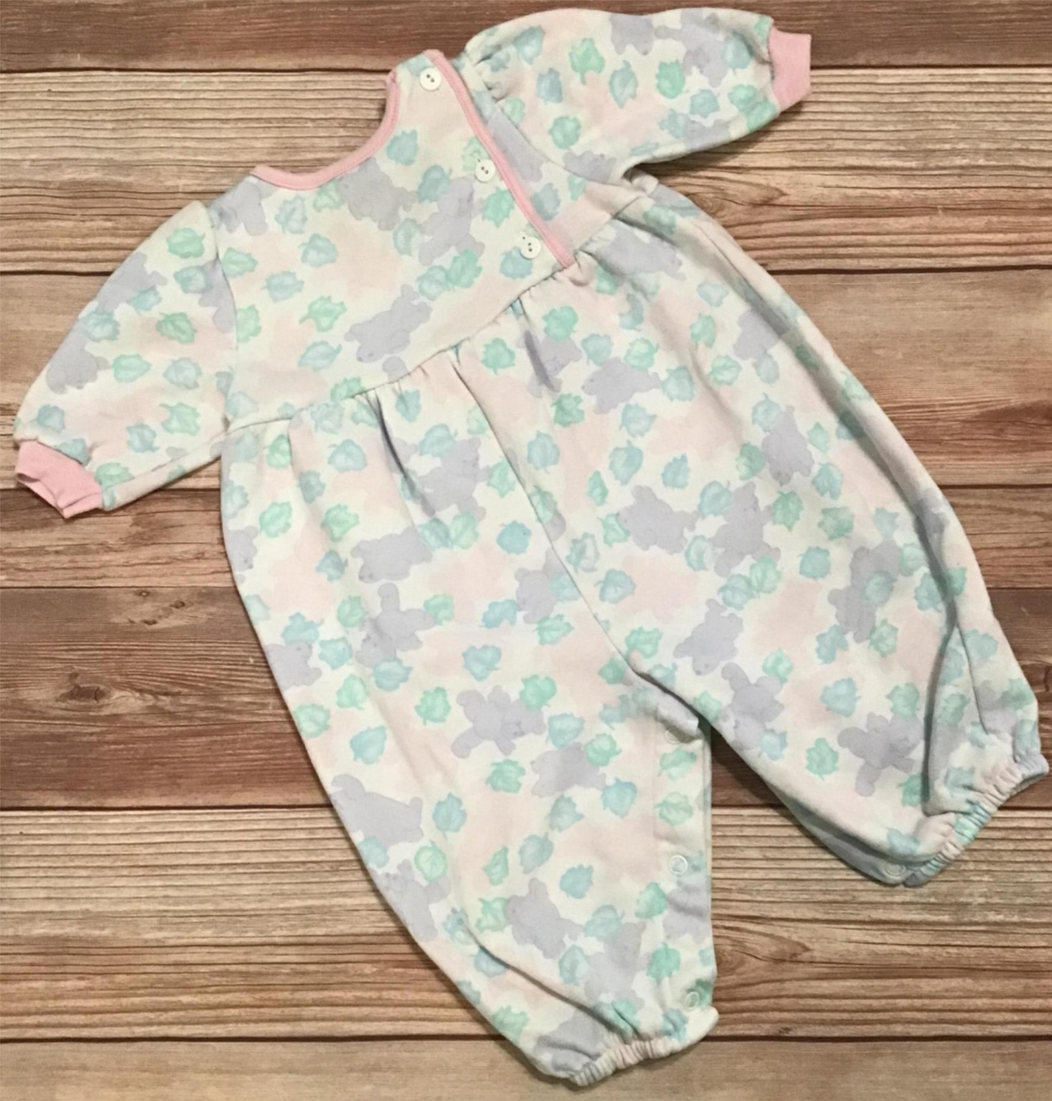 OshKosh B’Gosh Vintage Bunnies & Bears 6-9 Mos. Pastel Bubble Romper Made in USA