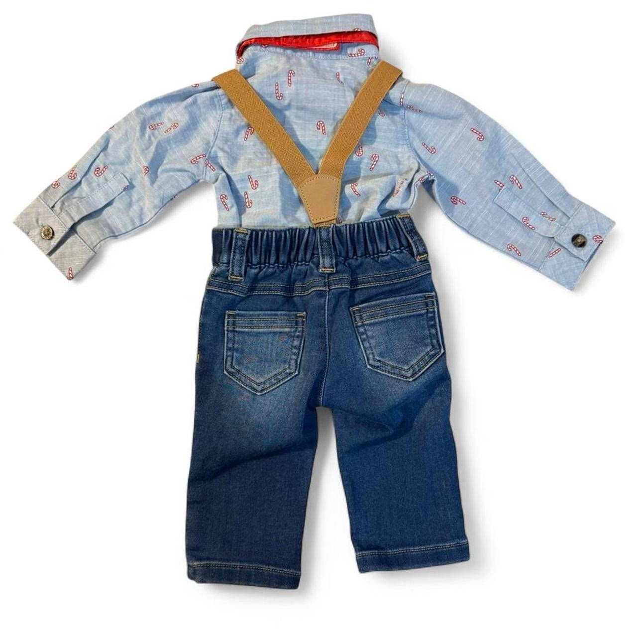 NB Boys’ Candy Cane 4pc Woven Top & Denim Pants Suspenders Bow Cat & Jack XMAS