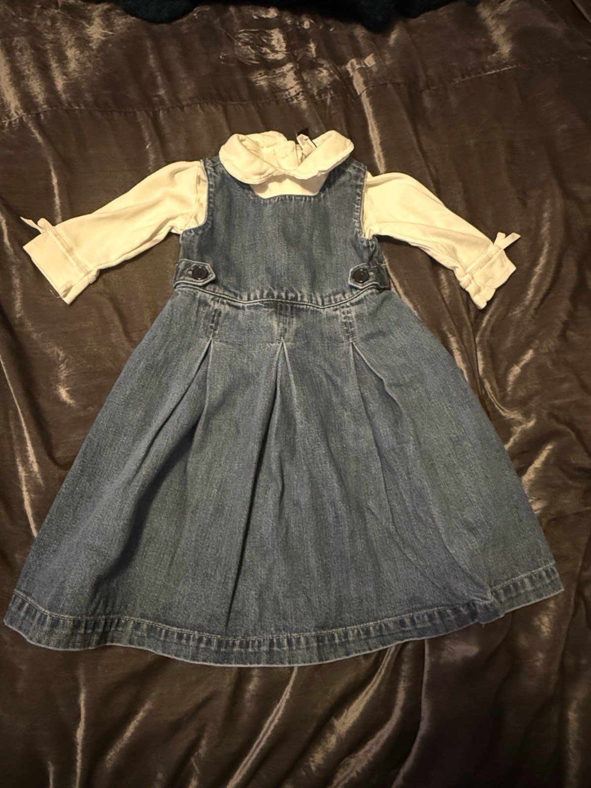 Vintage Baby Gap Y2K Pleated Sleeveless Denim Dress + White Bell Sleeve Shirt 3T
