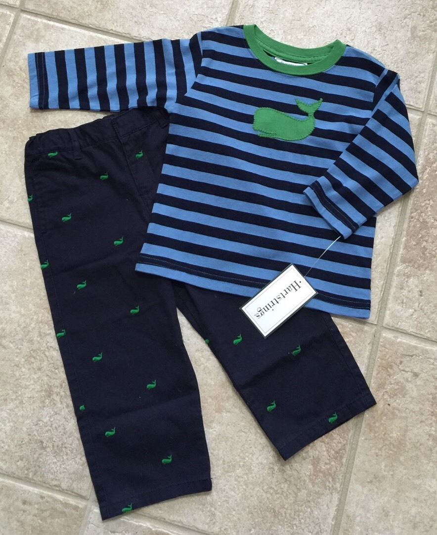 NEW Hartstrings Boys Long Sleeve Shirt Top And Pants Set Whale Blue Green 24M