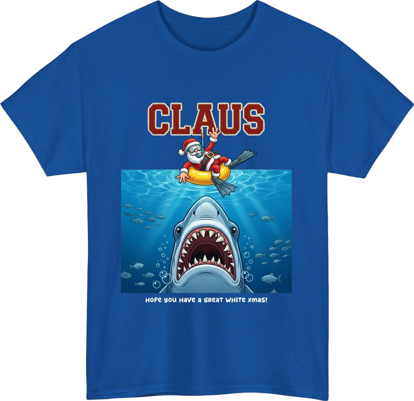 Funny Shark Christmas T-Shirt – Jaws Santa Claus Holiday Parody Xmas Unisex Tee