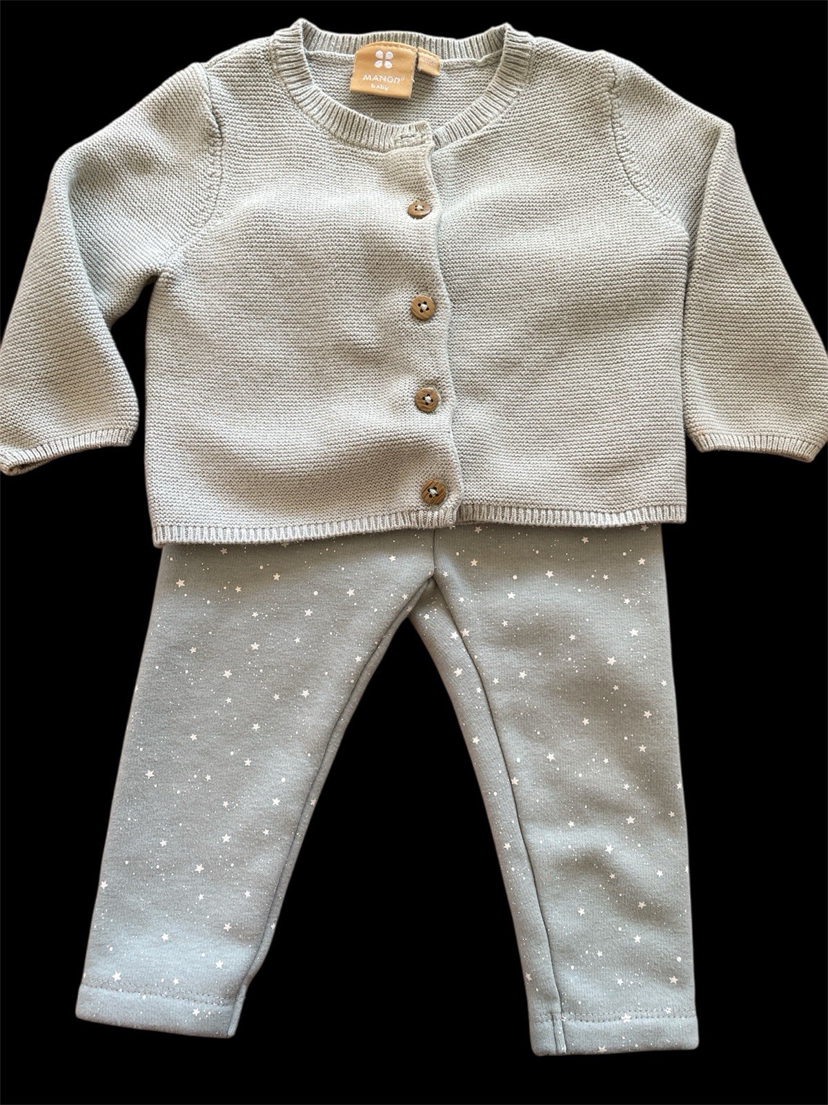 Manor Baby Mint Green Organic Cotton Knit Cardigan & Coordinating Warm Pants-6Mo