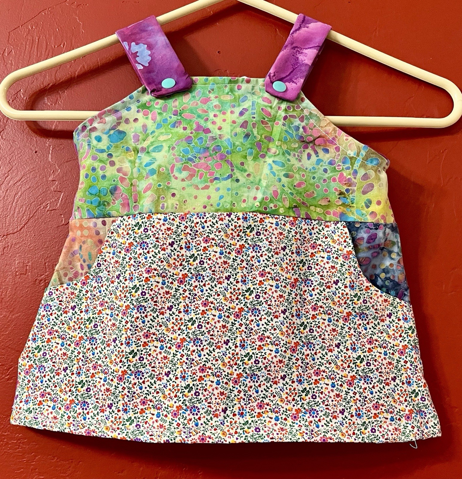 Custom Made Colorful Batik & Flowers Size 3-6 months. Snap Closure.