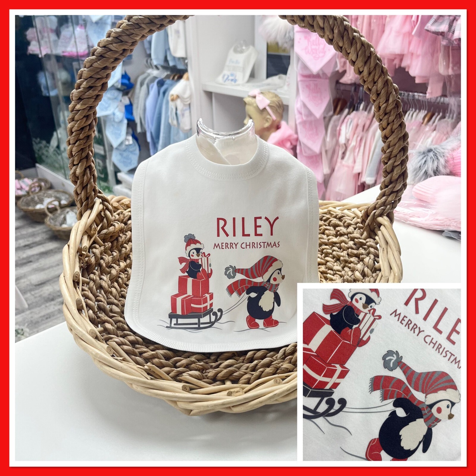🎄 Personalised Girls Christmas Bib, Vest Baby Grow (0-18m) Red Sleigh Ride Bow