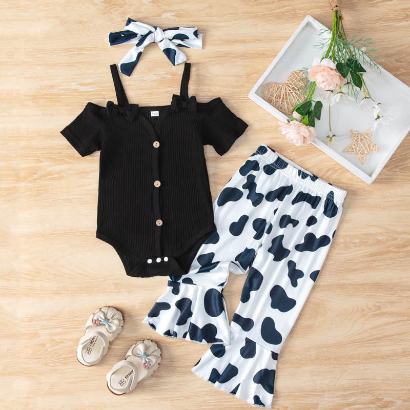Baby Girl Flare Outfit Ribbed Bodysuit Button Romper Cow Print Bell Bottoms Set