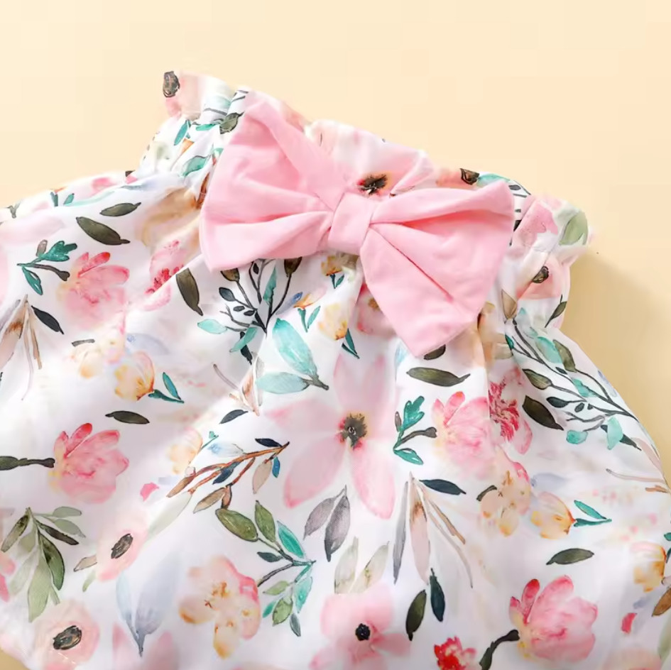 Pink Baby Girl Summer Daily Clothes Set Fly Sleeve Romper Top + Flowers Skirt
