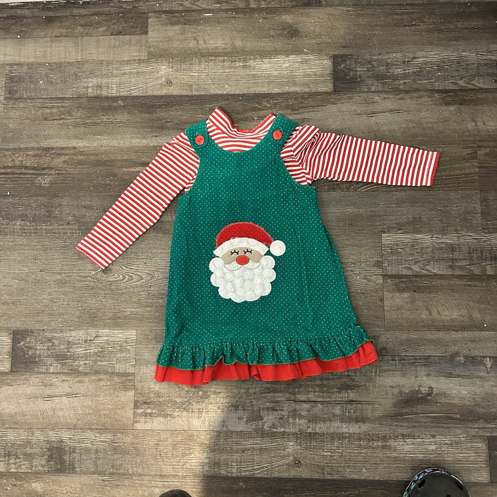 Nannette Girls 3T Christmas Santa Jumper Dress and Striped Top Set Green Red