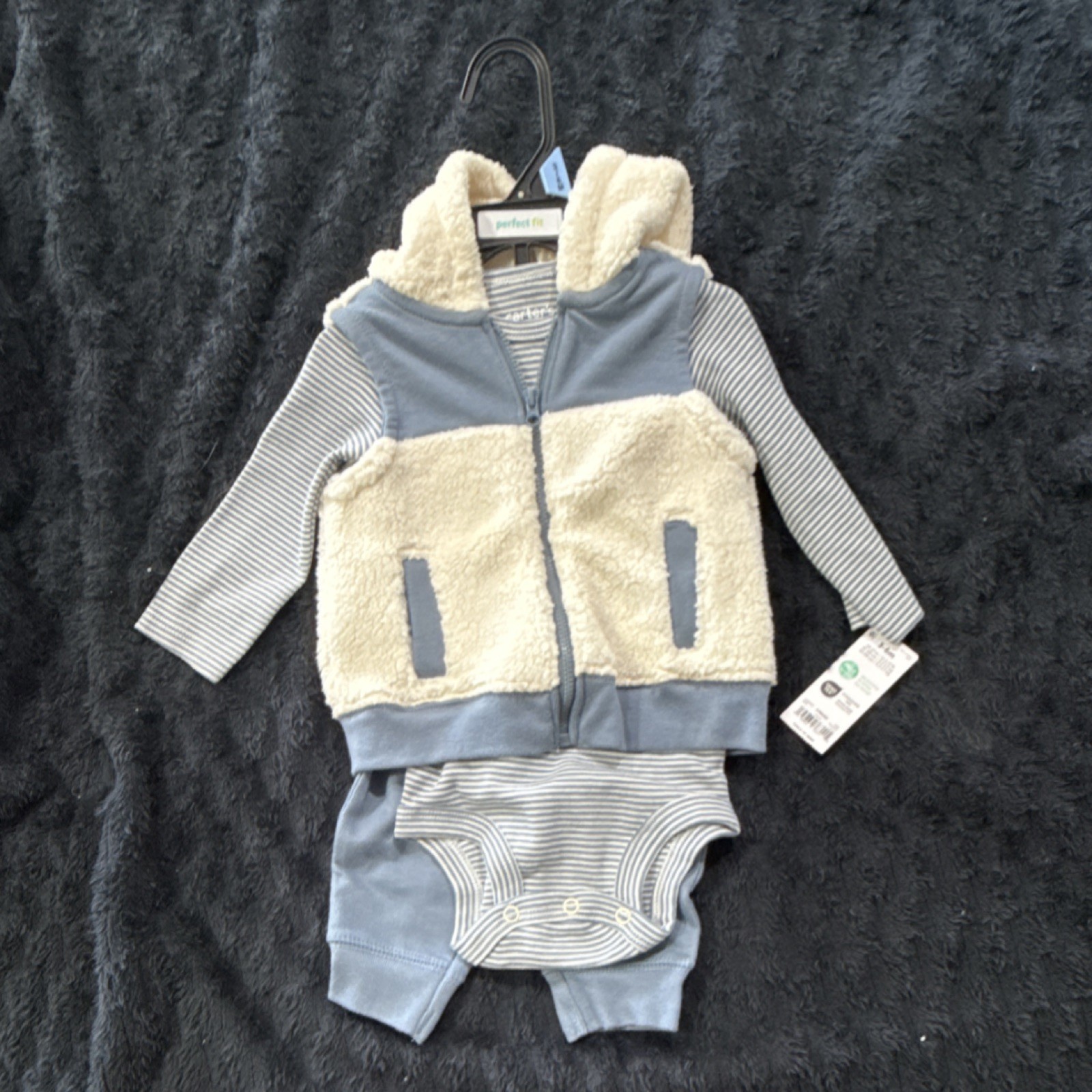 Carter’s 3 Piece Hooded Vest, Striped Bodysuit & Pants Set Gray Cream Size 1