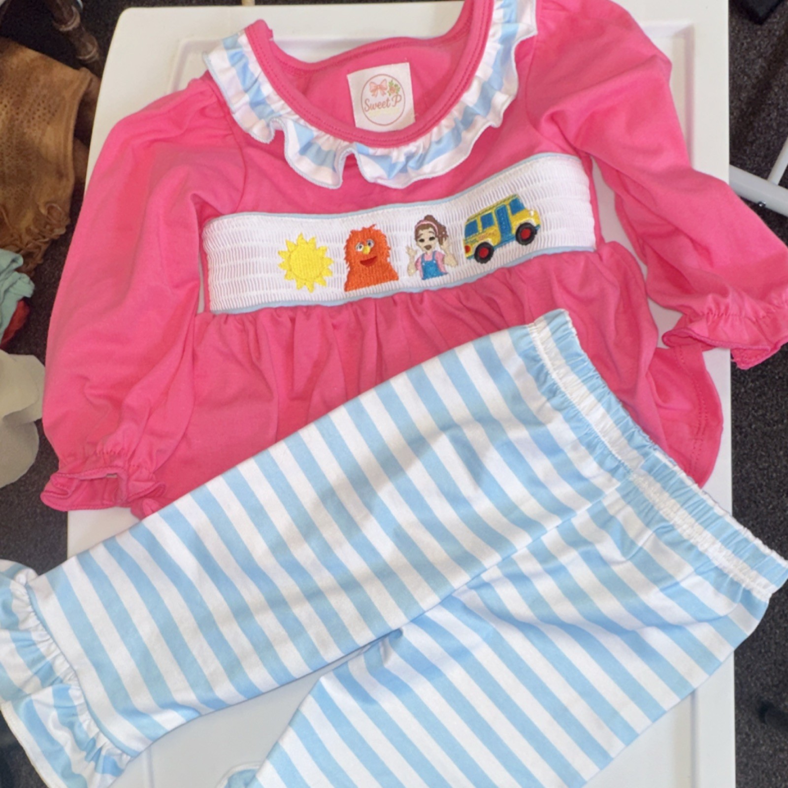 Sweet P 2- Piece Pink & Blue Pants Set, Striped, Ms.Rachel School Theme, 6-12M