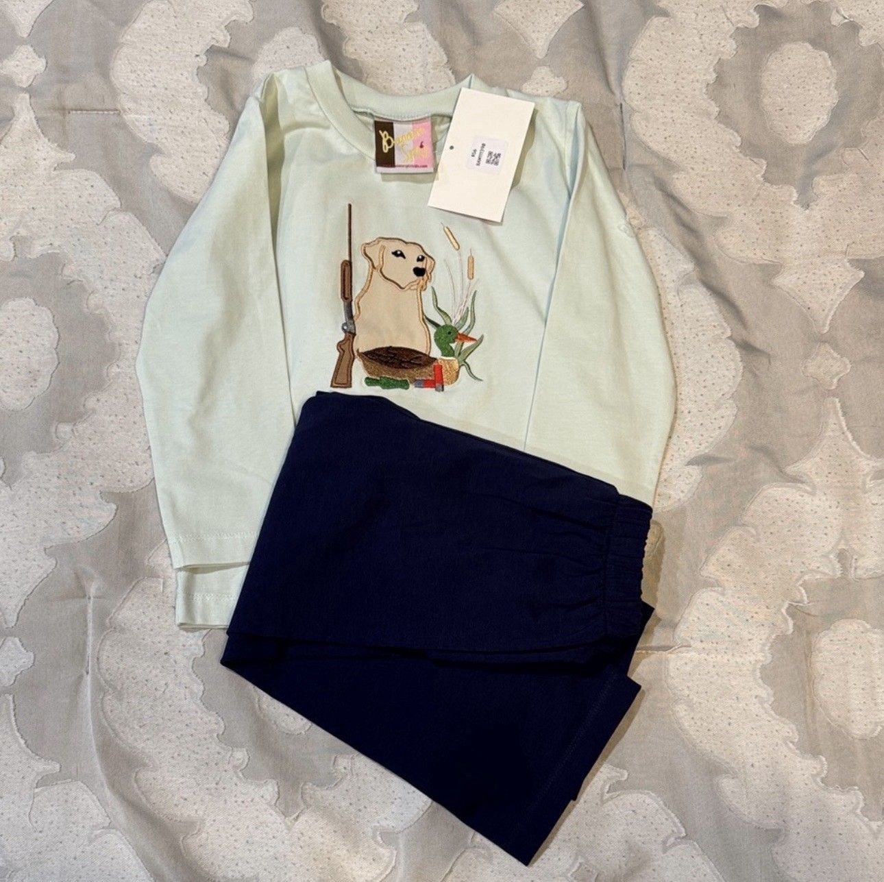 Banana Split Embroidered Dog Duck 2T Light Blue Navy Cotton 2-Piece Outfit Set