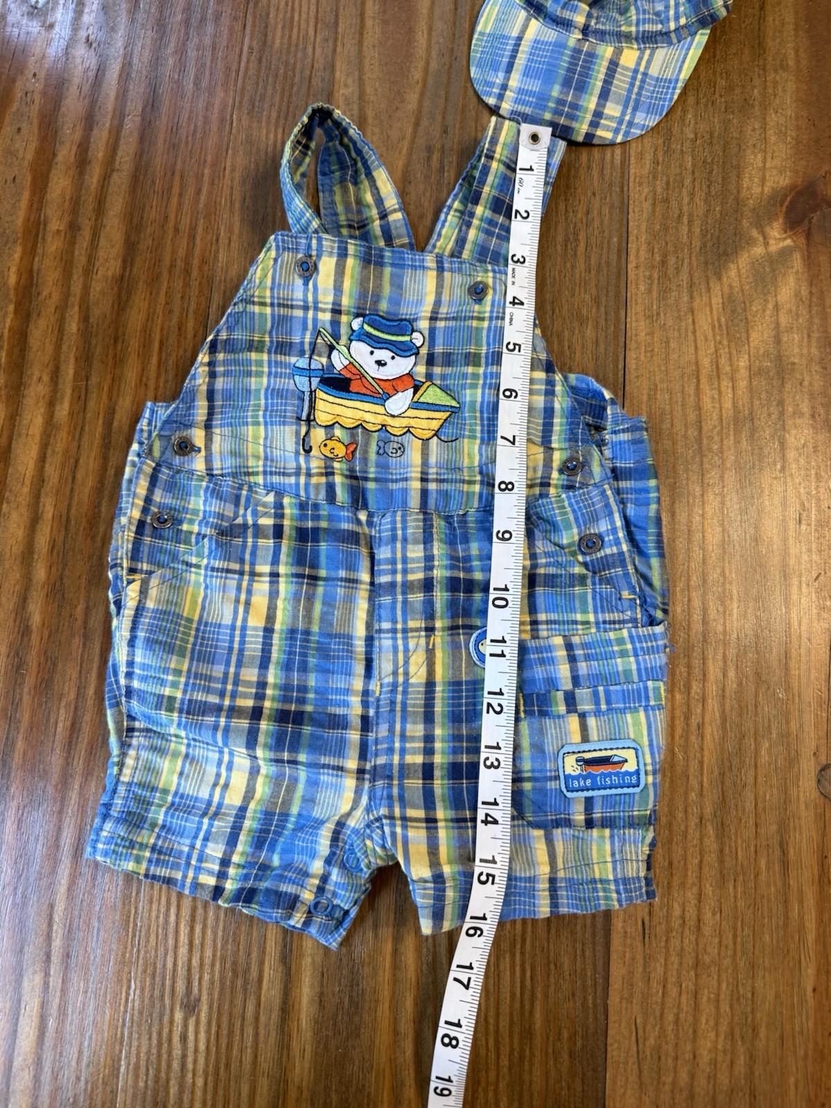 Vintage Cradle Togs Baby Boy Outfit Bear Fishing Plaid Overalls With Hat 3-6 Mo