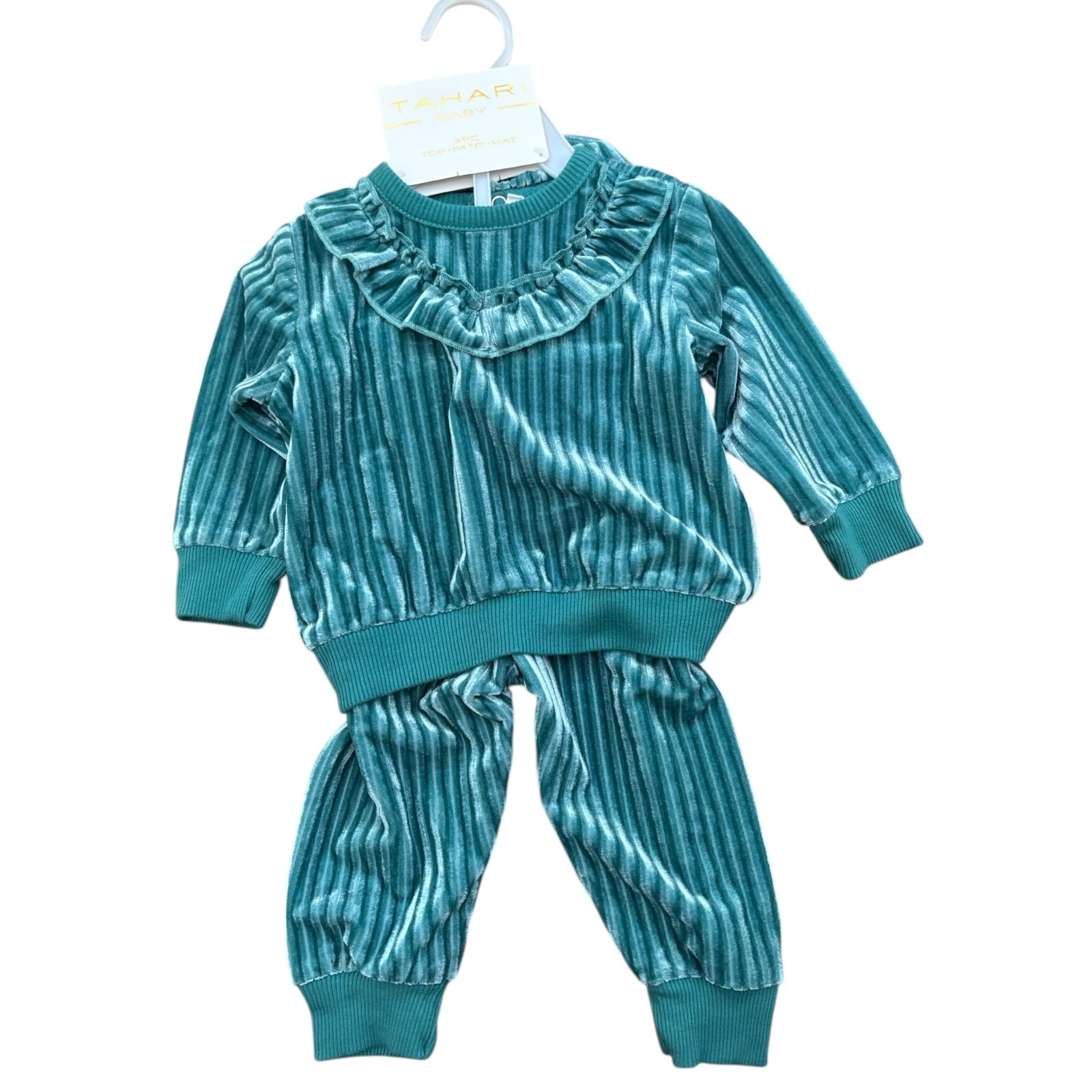 Tahari 3 pc Green Ribbed Outfit Baby Girl 6-9 months Velour Hat Sweater Pants