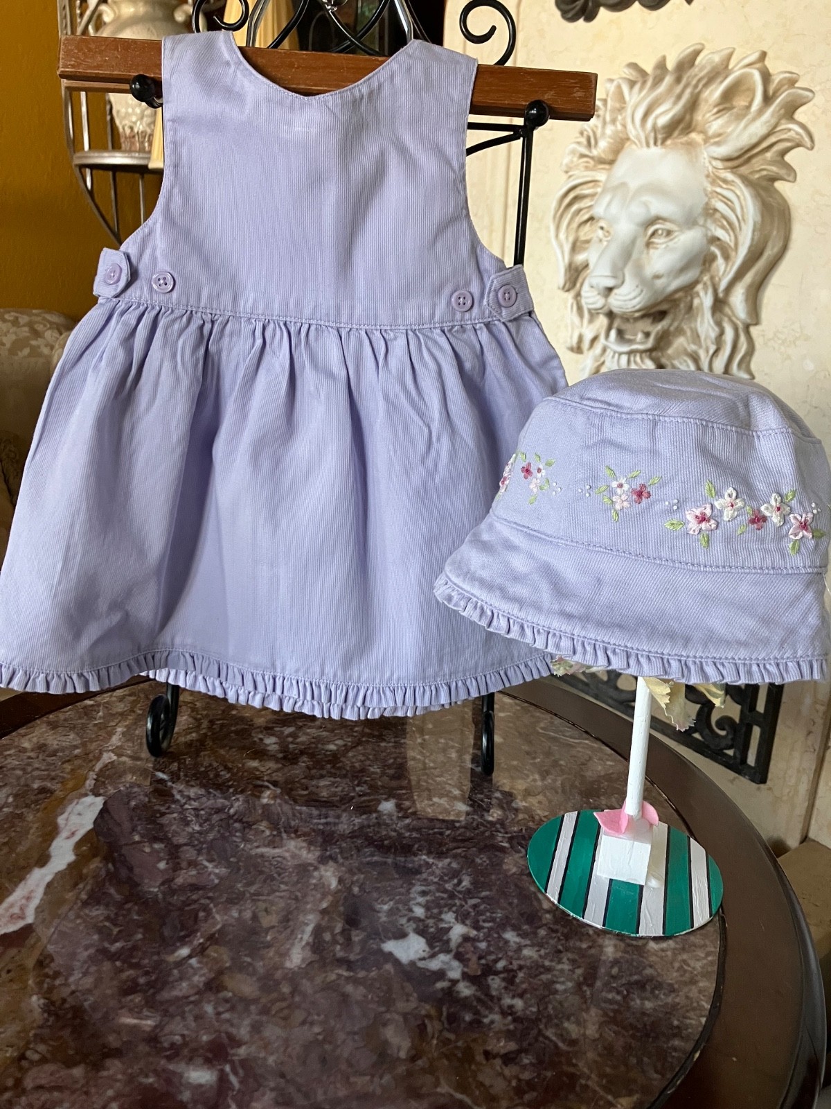 Vtg Gymboree 02 Flower Baby dress w grow sides hat ribbon flowers lavender 3-6