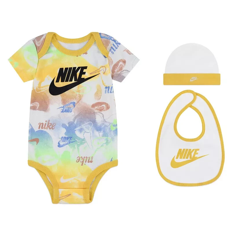 Nike Newborn 3 Piece Set Bodysuit Hat Bib Size 0-6 Months NIB Yellow Tie Dye