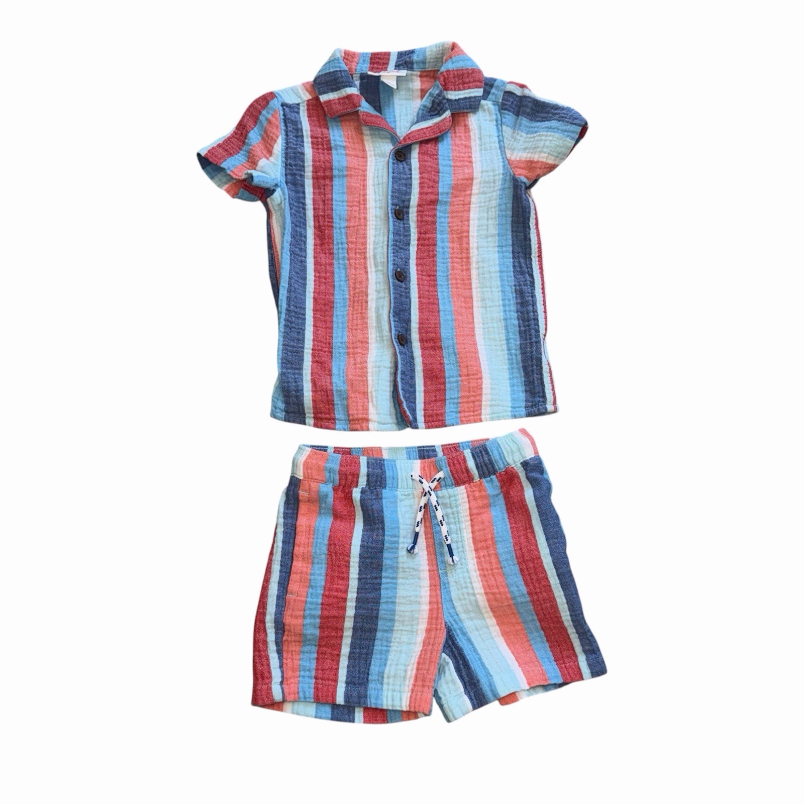 Cat & Jack Toddler Boys 2T Matching Set Cotton Gauze Striped Shirt Shorts Beach