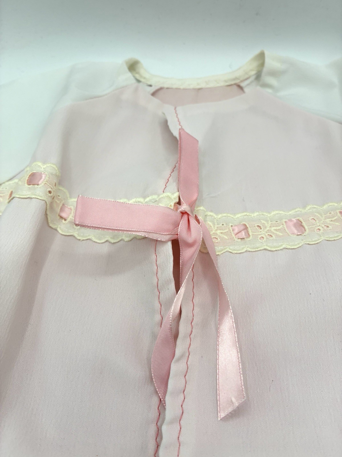 Vintage Baby Daygown & Quilted Bonnet Set Pink Ribbon Lace Eyelet Newborn 0-3M
