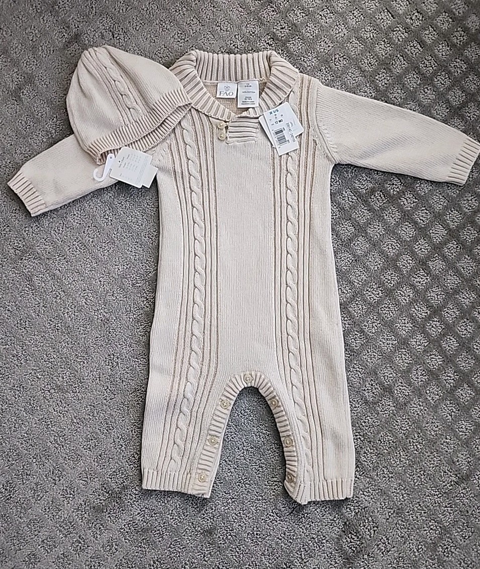 FAO Schwarz Cable Knit Sweater/hat 1 PC Outfit Camel Beige Brown 12 Mths Unisex