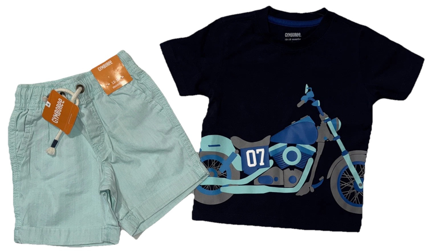 Gymboree Boy Size 12-18 Month Navy T-shirt Motorcycle Lt Blue Pull On Shorts New