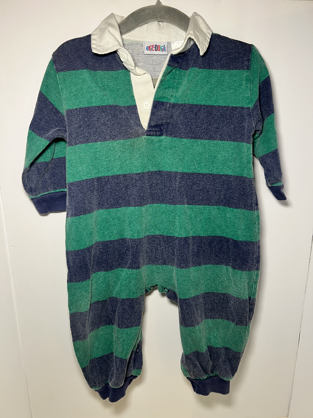 Vintage Y2K Okie Dokie Striped Rugby Romper Polo Collar Green White Navy Blue