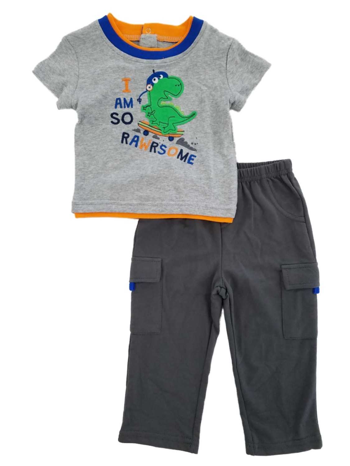 Infant Boys 2-Piece Gray Rawrsome Skateboarding T-Rex T-Shirt & Pants Set