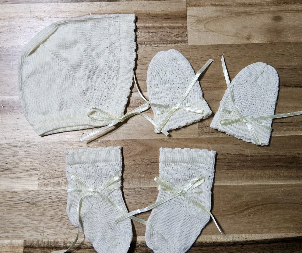 Baby Knit Bonnet Mittens Booties Set 0-6M Yellow Outfit Christening Shower Gif